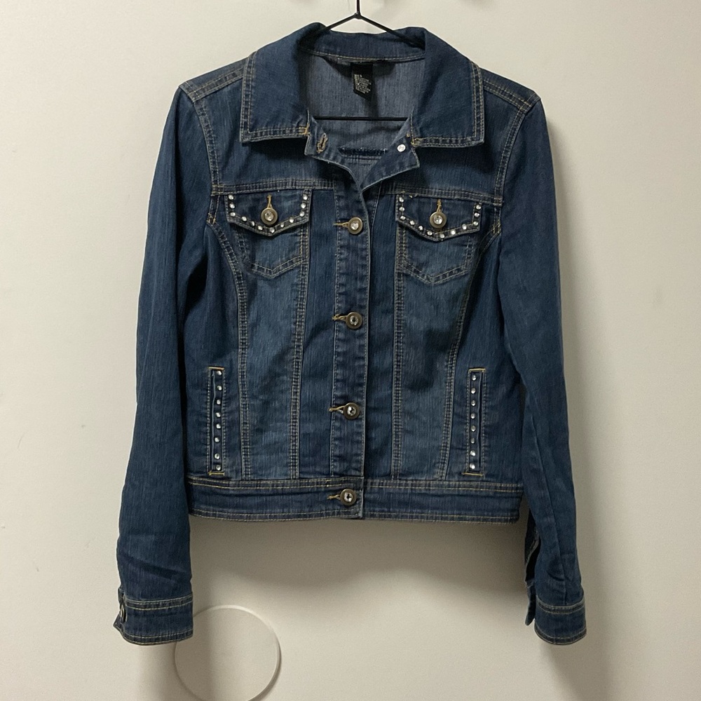 Blingy Baccini Rhinestone Slight Stretch Button Down Blue Jean Jacket! - Picture 10 of 10